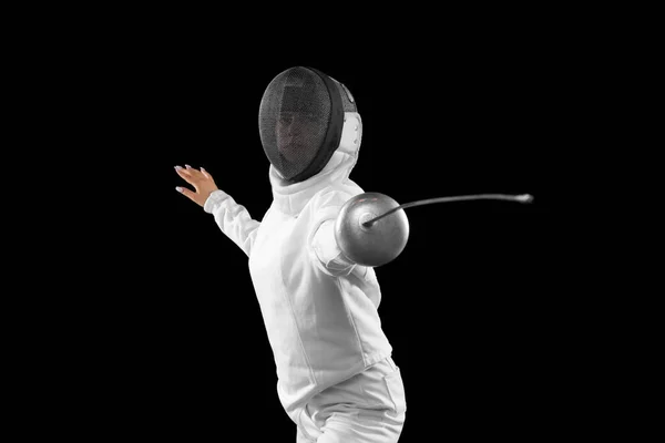 Riposter Answer Energetic Female Fencer White Fencing Costume Mask Action — Foto Stock