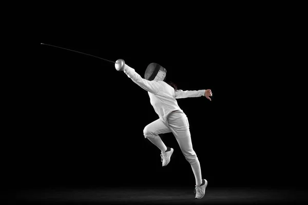 Energetic Female Fencer White Fencing Costume Mask Action Motion Isolated — Stockfoto
