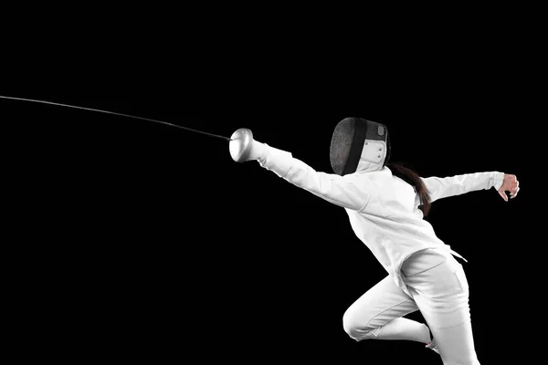 Lunge Energetic Female Fencer White Fencing Costume Mask Action Motion — Stockfoto