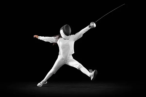 Lunge Energetic Female Fencer White Fencing Costume Mask Action Motion — Stockfoto