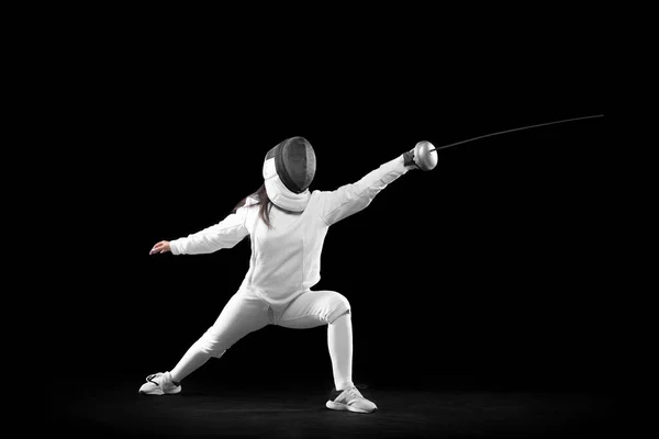 Riposter Answer Energetic Female Fencer White Fencing Costume Mask Action — Foto Stock