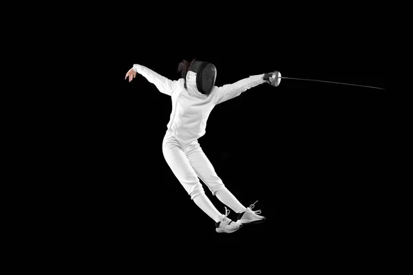 Flight Energetic Female Fencer White Fencing Costume Mask Action Motion — ストック写真