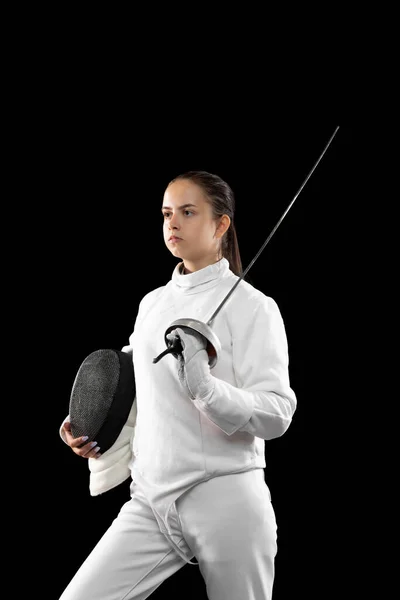 Young Serious Girl Beginner Fencer White Fencing Costume Standing Rapier — ストック写真