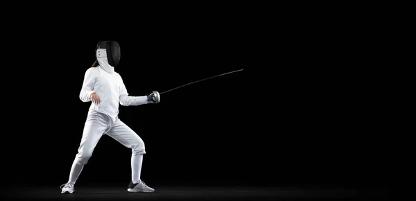 Basic Stance One Female Fencer White Fencing Costume Mask Action — Stok fotoğraf