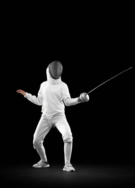 Basic Stance One Female Fencer White Fencing Costume Mask Action — ストック写真