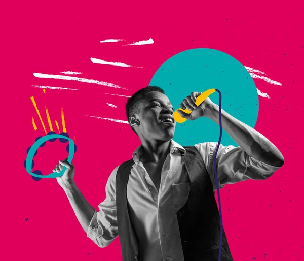Singer Drawn Microphone Bright Colorful Background Contemporary Art Collage Modern — 图库照片