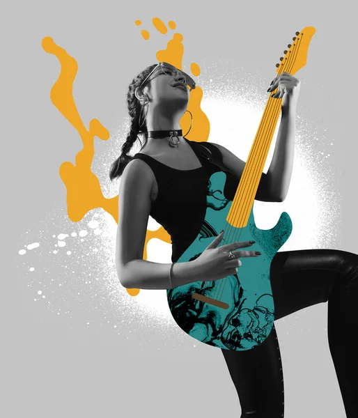 Сучасне Мистецтво Колаж Молодої Жінки Розмальовує Мальовану Вручну Гітару Ізольовану — стокове фото