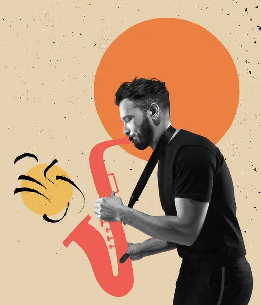 Aufgeregter Mann Spielt Handgezeichnetes Saxofon Auf Hellem Hintergrund Modernes Design — Stockfoto
