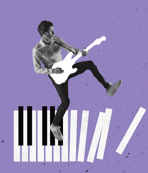 Improvisation Contemporary Art Collage Young Man Palying Hand Drawn Guitar — Foto de Stock