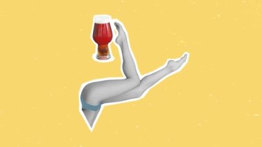 Contemporary art collage. Summer time mood. Slender female legs touch glass with beer isolated on bright yellow background. Stop motion animation. Beach, sun, resort and holiday mood.