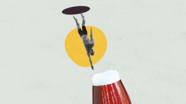 Leisure time. Contemporary art collage, modern design. Swimmer jumping from black hole into glass with foamed cold dark beer isolated on pastel background. Copy space for ad. Stop motion