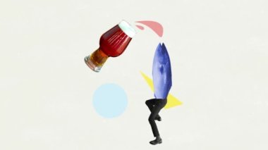Hareket animasyonunu durdur. Balık ve bir bardak koyu birayla çağdaş sanat kompozisyonu. Festival, tat, içki ve tatil kavramı. Fikir, ilham, yaratıcılık, dergi tarzı
