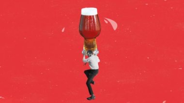 Partiye git, bara. Genç adam, iş adamı elinde bira bardağıyla kırmızı arka planda izole edilmiş bira bardağı tutuyor. Festival konsepti, ulusal gelenekler, tat, içki ve tatil, Ekim Festivali
