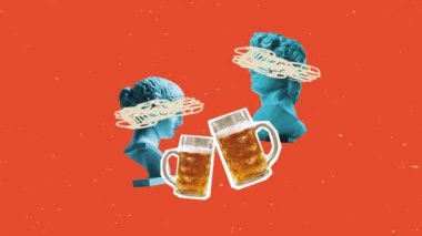 Friends party. Contemporary art composition with bust of ancient statues and two glasses of light beer, lager. Concept of festival, national traditions, taste, drinks and holidays. Surrealism