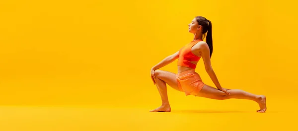 Portrait Young Slim Flexible Girl Shorts Doing Stretching Exercises Isolated — Fotografia de Stock