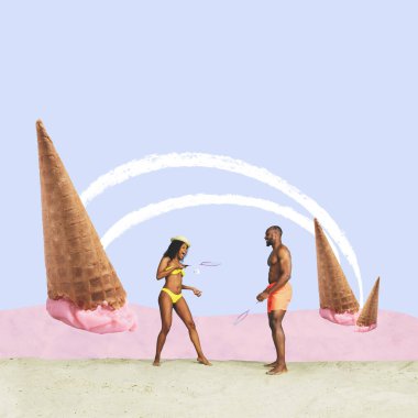 Deniz sahilinde badminton oynayan mutlu bir adam ve kadın. Çağdaş sanat kolajı, modern tasarım. Fikirler, duygular, mutluluk. Retro tarzı, tatil, tatiller, seyahat ve yaz atmosferi. Sürrealizm