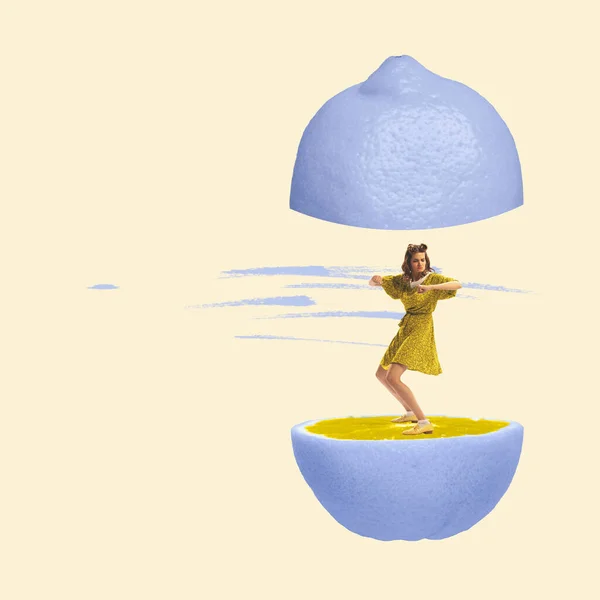 Vitamins Emotional Girl Dancing Cut Blue Lemon Contemporary Art Collage — Fotografia de Stock