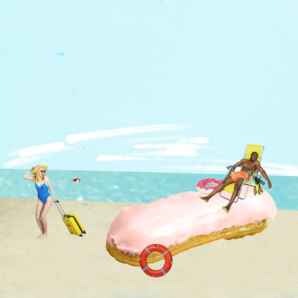 Casal Familiar Férias Praia Mar Dia Verão Ensolarado Colagem Arte — Fotografia de Stock