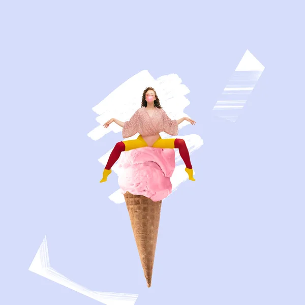 Alegria Diversão Menina Excêntrica Sentado Cone Sorvete Enorme Surrealismo Colagem — Fotografia de Stock