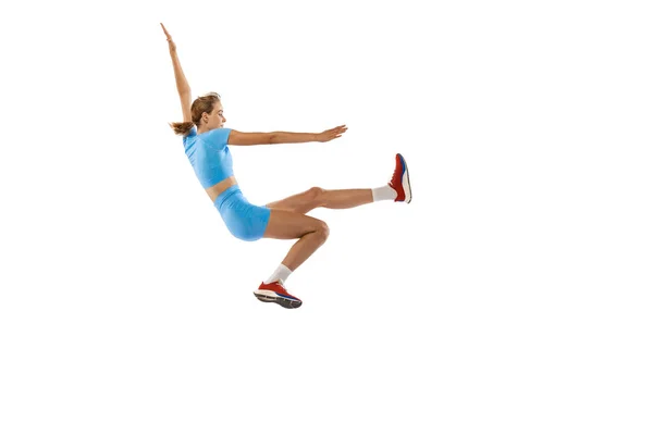 Triple Jump Technique Young Professional Female Athlete Sports Uniform Jumping — Zdjęcie stockowe