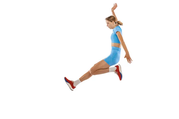Triple Jump Technique Young Professional Female Athlete Sports Uniform Jumping — ストック写真