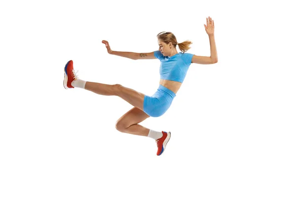 Triple Jump Technique Young Professional Female Athlete Sports Uniform Jumping — Fotografia de Stock