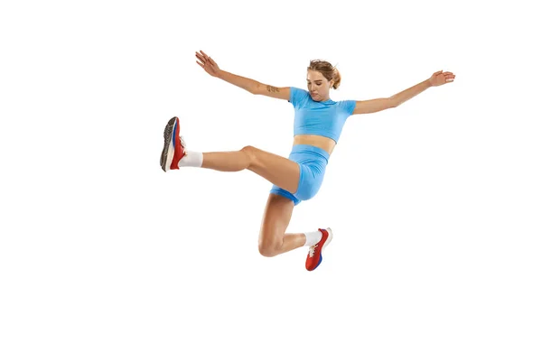 Técnica Salto Triplo Jovem Atleta Feminina Profissional Esportes Uniforme Pulando — Fotografia de Stock