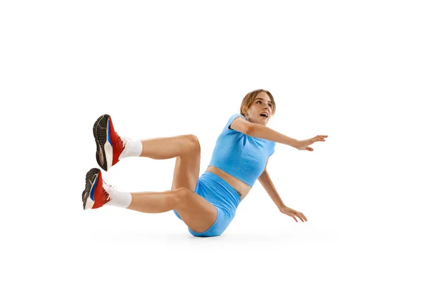 Landing Triple Jump Technique Young Professional Female Athlete Sports Uniform — Foto de Stock