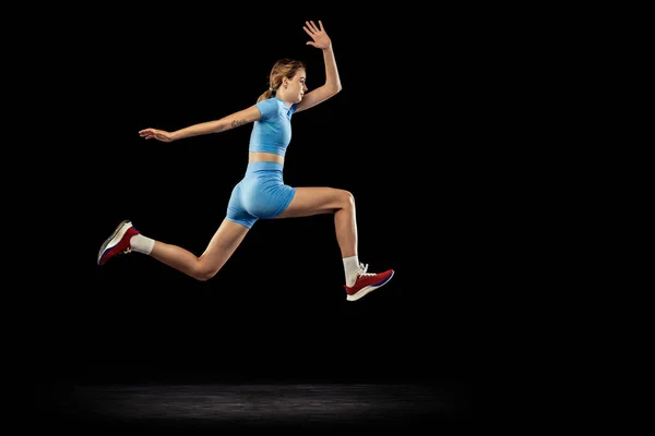Push Young Sportive Girl Long Jumper Sports Blue Uniform Performs — Fotografie, imagine de stoc