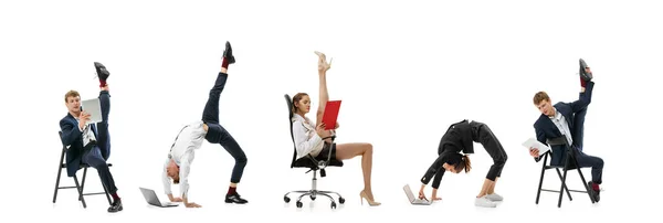 Flexible Office Workers Business Suits Folders Coffee Tablet Motion Action — 图库照片