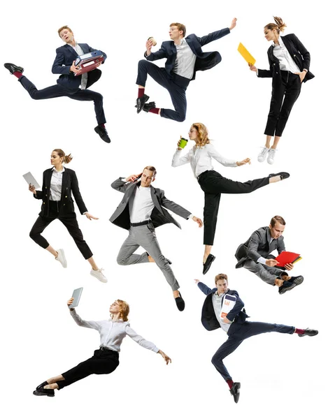 Collage Group Young Workers Businessmen Jumping Dancing Business Style Clothes — 스톡 사진