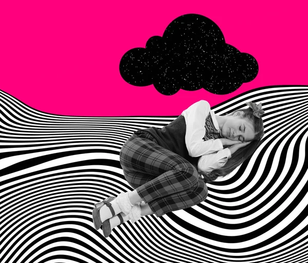 Collage Arte Contemporáneo Dormir Chica Acostada Suelo Con Elementos Ilusión — Foto de Stock