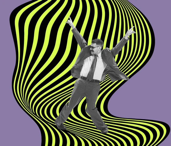 Kolaż Sztuki Współczesnej Człowiek Tańczący Nad Czarno Zielonym Hipnotycznym Wzorem — Zdjęcie stockowe