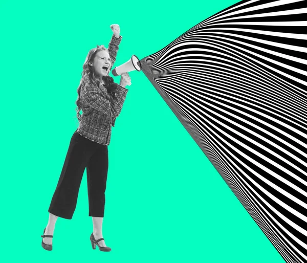 Young Girl Shouting Megaphone Contemporary Art Collage New Ideas Creative — Fotografia de Stock