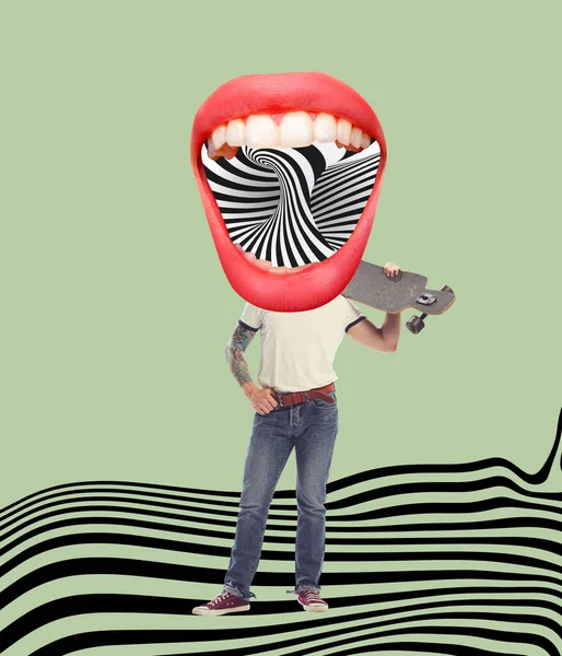 Contemporary Art Collage Stylish Man Open Female Mouth Instead Head — Fotografia de Stock