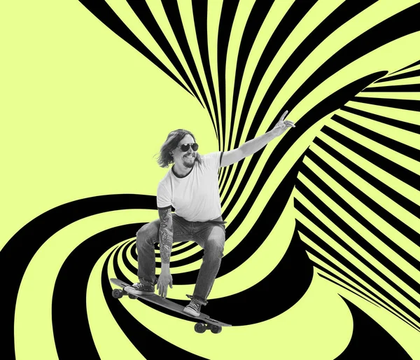 Skateboarding Auf Hypnotischem Hintergrund Collage Zeitgenössischer Kunst Neue Ideen Und — Stockfoto