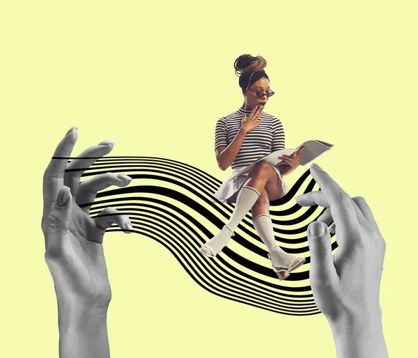 Surprised Girl Reading Magazine Contemporary Art Collage New Ideas Creative — Stok Foto
