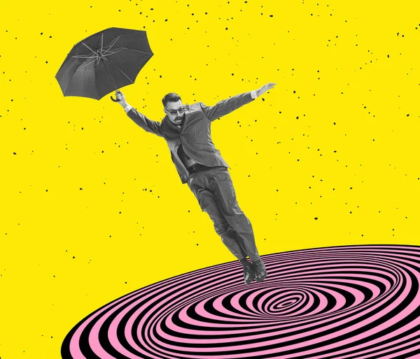 Shocked man with umbrella is swallowed up by abyss. Contemporary art collage. New ideas and creative inspiration. Concept of retro vintage style. optical illusion elements. Fantasy, psychedelic and