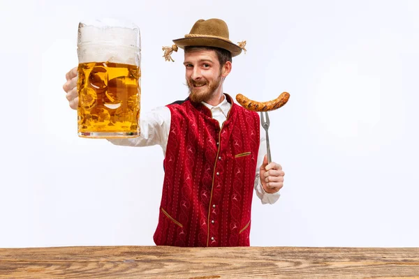 Greeting Portrait Oktoberfest Young Emotional Man Hat Wearing Traditional Bavarian — Foto de Stock