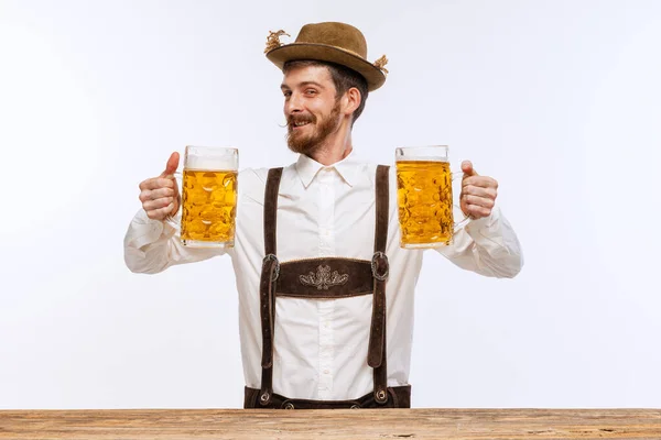 Happiness Portrait Oktoberfest Young Emotional Man Hat Wearing Traditional Bavarian — Foto Stock