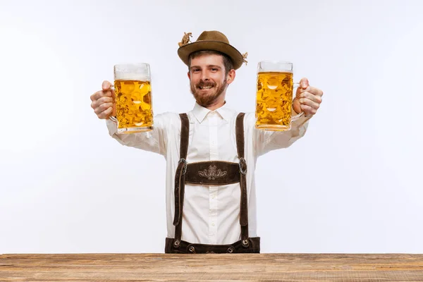 Young Expressive Man Hat Wearing Fest Traditional Bavarian German Costume — Foto de Stock