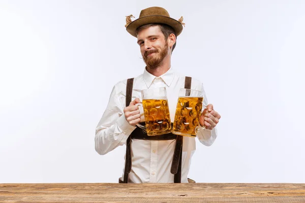 Young Expressive Man Hat Wearing Fest Traditional Bavarian German Costume — Fotografia de Stock