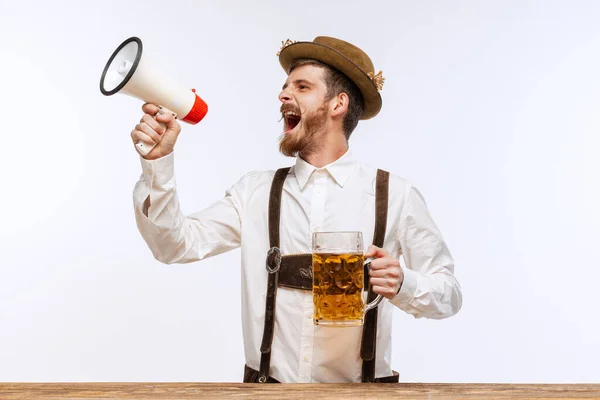 Astonished Man Wearing Traditional Fest Bavarian German Outfit Big Beer — Stock Photo, Image