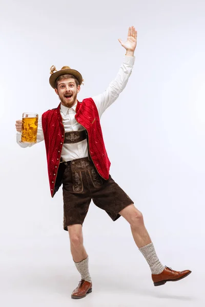 Dances Portrait Oktoberfest Young Emotional Man Hat Wearing Traditional Bavarian — Stock Photo, Image
