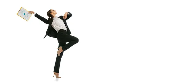 Contemp Balletdanser Flexibel Jong Meisje Business Style Kleding Geïsoleerd Witte — Stockfoto