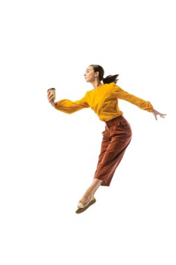 Office ballet. Studio shot of graceful young girl in action, motion isolated on white background. Business, start-up, working open-space, professional occupation concept. Copy space for ad