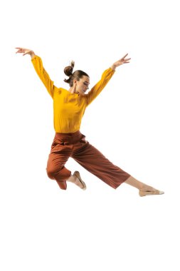Energetic young girl jumping, flying isolated on white background. Business, start-up, working open-space, ballet or professional occupation concept. Dynamic, fast paced life. Copy space for ad
