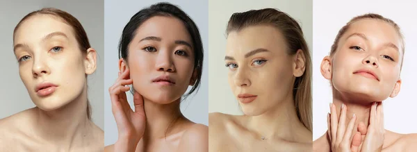Természetes Szépség Bőrápolás Koncepció Állítsa Képeket Fiatal Különböző Lányok Jól — Stock Fotó