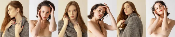 Колаж Портрети Молодих Красивих Різних Жінок Позують Ізольовані Сірому Фоні — стокове фото