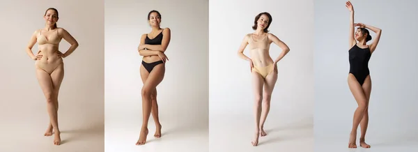 Diversity Collage Portraits Young Beautiful Women Wearing Underwear Posing Isolated — Fotografia de Stock